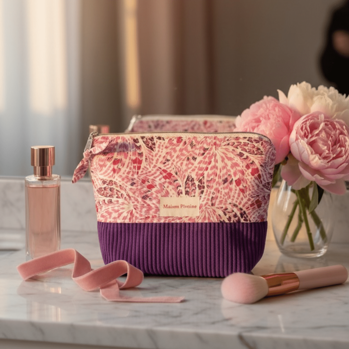 Trousse de maquillage poétique Maison Pivoine aux motifs de plumes, présentée sur une coiffeuse avec un bouquet de pivoines et des accessoires de beauté.