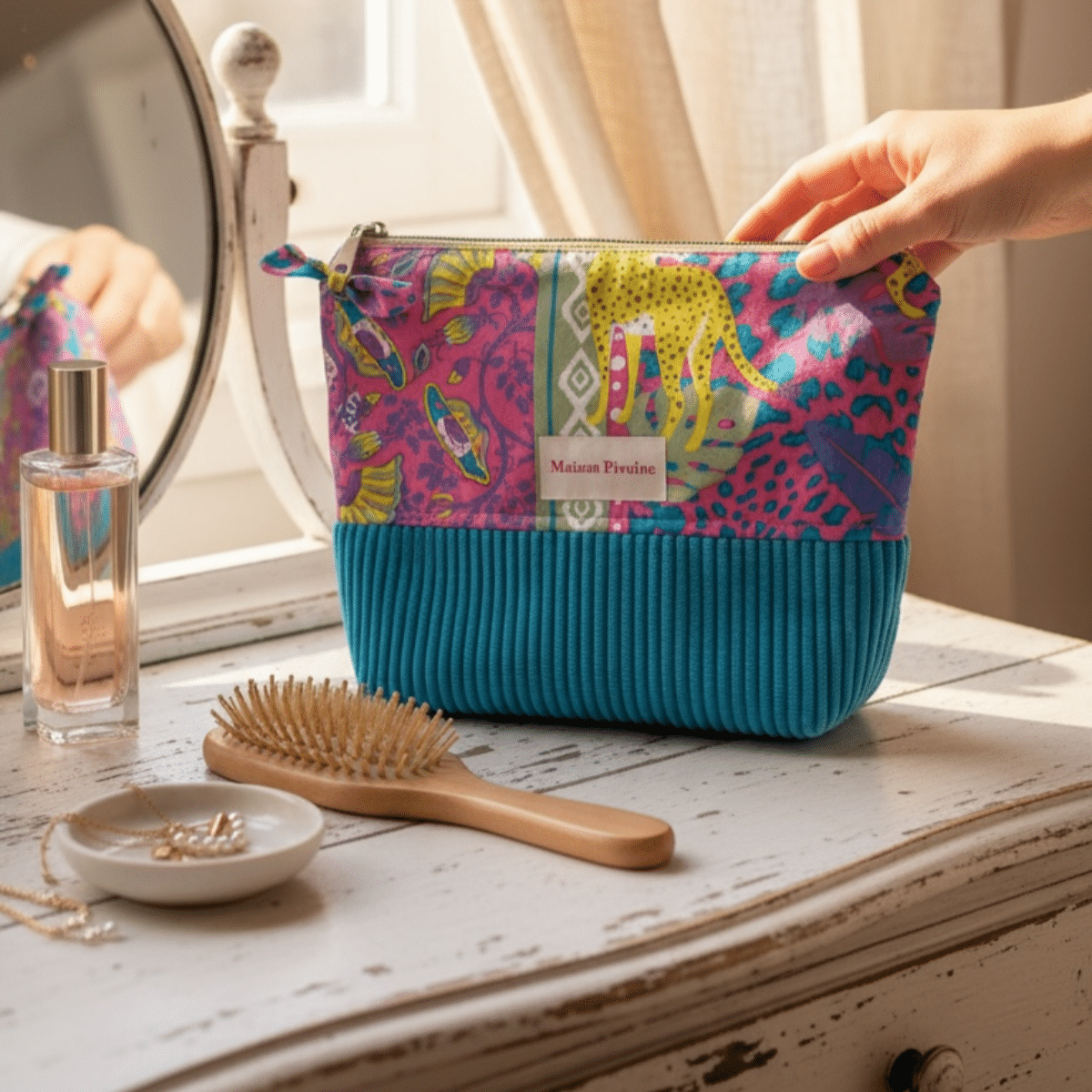 Trousse de maquillage XXL en tissu fleuri et panthère exotique, fond en velours bleu pétrole, mise en situation dans une salle de bain lumineuse avec des produits de soin.