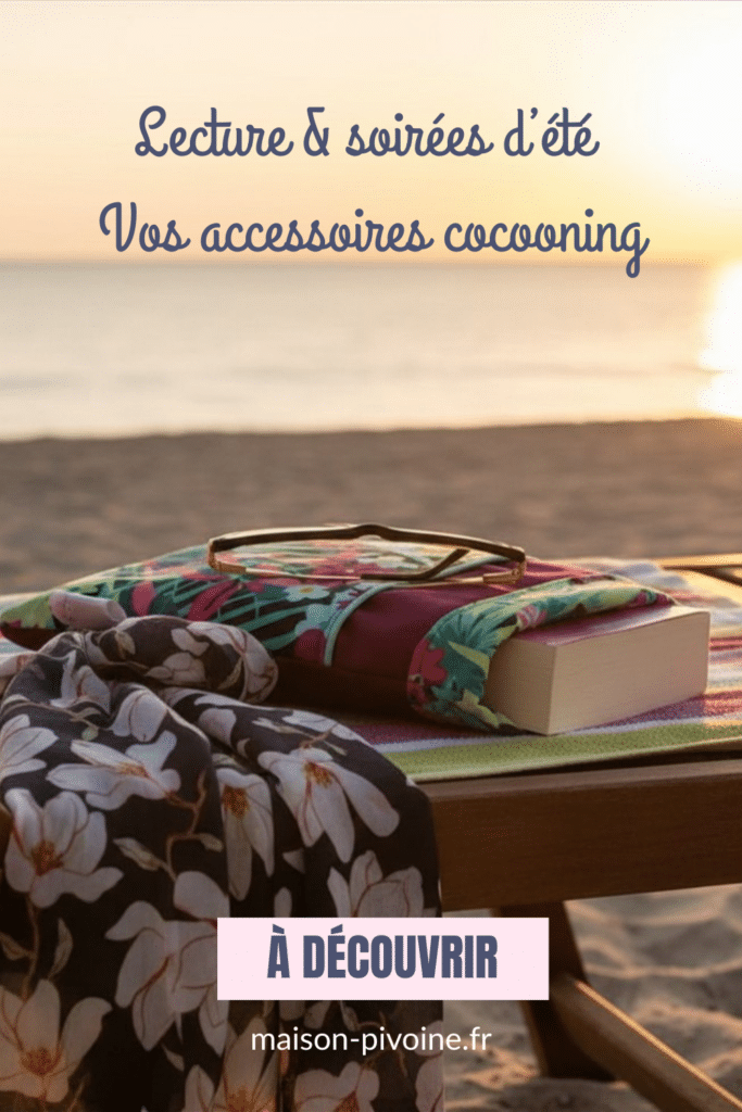 accessoire-ete-cocooning Lecture et soirées d'été — pochette à livre fleurie et chèche Magnolia sur un transat de plage au coucher du soleil, accessoires cocooning Maison Pivoine