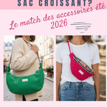 Sac banane ou sac croissant ? Le match des accessoires été 2026 — sac croissant vert Cosmos et sac banane rose Musa portés, créations artisanales Maison Pivoine