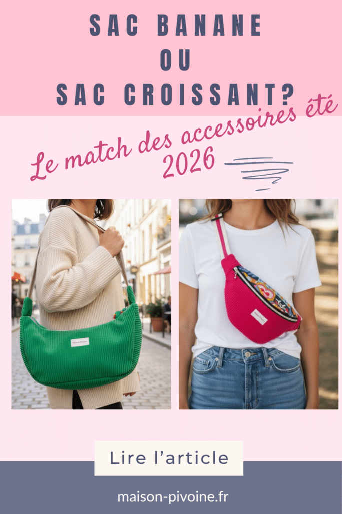 sac-banane-ou-sac-croissant Sac banane ou sac croissant ? Le match des accessoires été 2026 — sac croissant vert Cosmos et sac banane rose Musa portés, créations artisanales Maison Pivoine