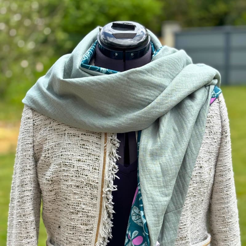echarpe chèche femme vert et rose, fait main en france - Maison Pivoine
