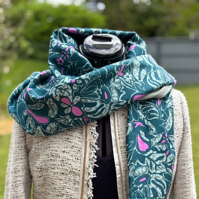 echarpe chèche femme vert et rose, fait main en france - Maison Pivoine