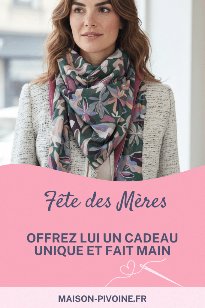 cadeau-fete-des-meres-fait-main-unique Femme portant un chèche fleuri vert, rose et violet fait main Maison Pivoine, idée cadeau fête des mères unique et artisanal