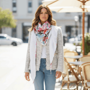 Femme portant un chèche coloré en viscose et double gaze imprimé blanc à pois doré dans une rue