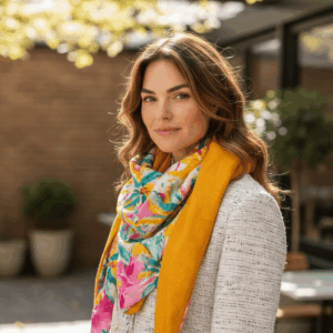 Jeune femme portant le chèche de Maison Pivoine, posant en extérieur sur une terrasse ensoleillée. Le côté gaze de coton moutarde encadre joliment son visage.