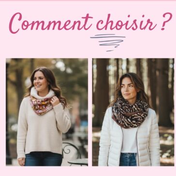 Deux femmes portant chacune un cache-cou artisanal, l’une en version simple, l’autre en version double.