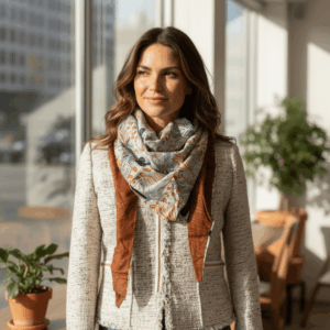 Lookbook Maison Pivoine : Notre modèle porte le chèche réversible dans un bureau moderne et ensoleillé. Le foulard apporte une touche de couleur chaude et d'élégance naturelle. Sa texture fluide en viscose et gaze de coton est visible. Une pièce maîtresse pour une silhouette moderne et confiante.