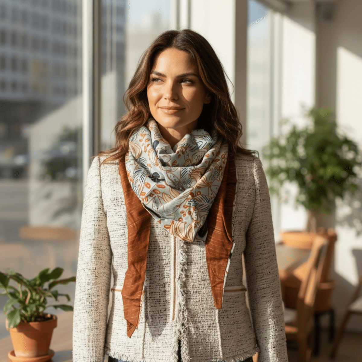 Lookbook Maison Pivoine : Notre modèle porte le chèche réversible dans un bureau moderne et ensoleillé. Le foulard apporte une touche de couleur chaude et d'élégance naturelle. Sa texture fluide en viscose et gaze de coton est visible. Une pièce maîtresse pour une silhouette moderne et confiante.