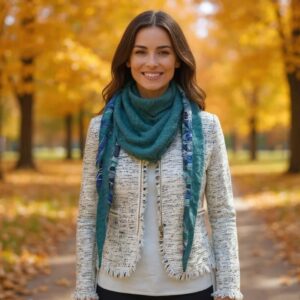 Écharpe femme bleu vert réversible, motif floral élégant, portée avec une veste écrue dans un décor d’automne