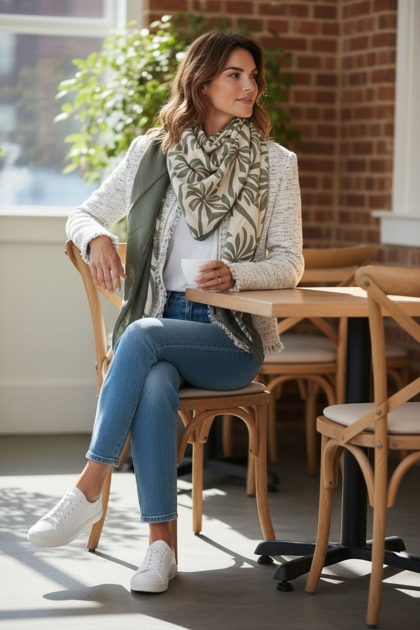 Femme assise à une terrasse de café portant le grand foulard triangle à motifs feuillage vert et crème.
