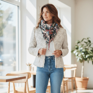 echarpe-femme-rose-reversible femme posant avec un chèche avec un petit noeud sur le dessus.