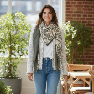 Photo montrant le chèche triangle en mouvement, porté avec un jean et une veste, soulignant la fluidité du tissu et les reflets pailletés.