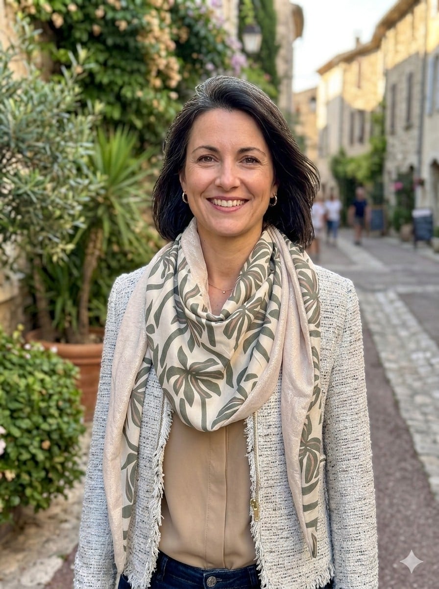 Portrait d'une femme souriante portant le chèche réversible Maison Pivoine sur une veste beige dans une ruelle ensoleillée.