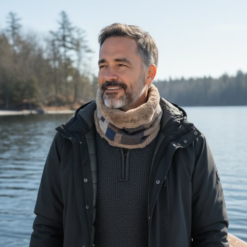 Snood homme en tissu camel et bleu, doublรฉ de fausse fourrure beige, confectionnรฉ artisanalement dans lโatelier Maison Pivoine.