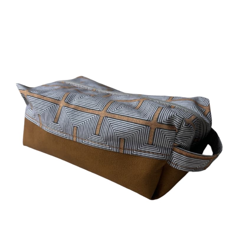 Trousse de toilette homme, marron clair avec tissu imprimé gris et marron