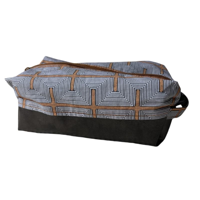 Trousse de toilette homme, marron clair avec tissu imprimé gris et marron