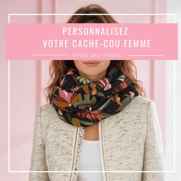 Cache cou femme hiver personnalisé Amaryllis, porté en double tour, en viscose à motifs et laine tressée.