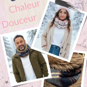 Snood fleuri artisanal avec fausse fourrure douce, confectionné à la main dans l’atelier Maison Pivoine.