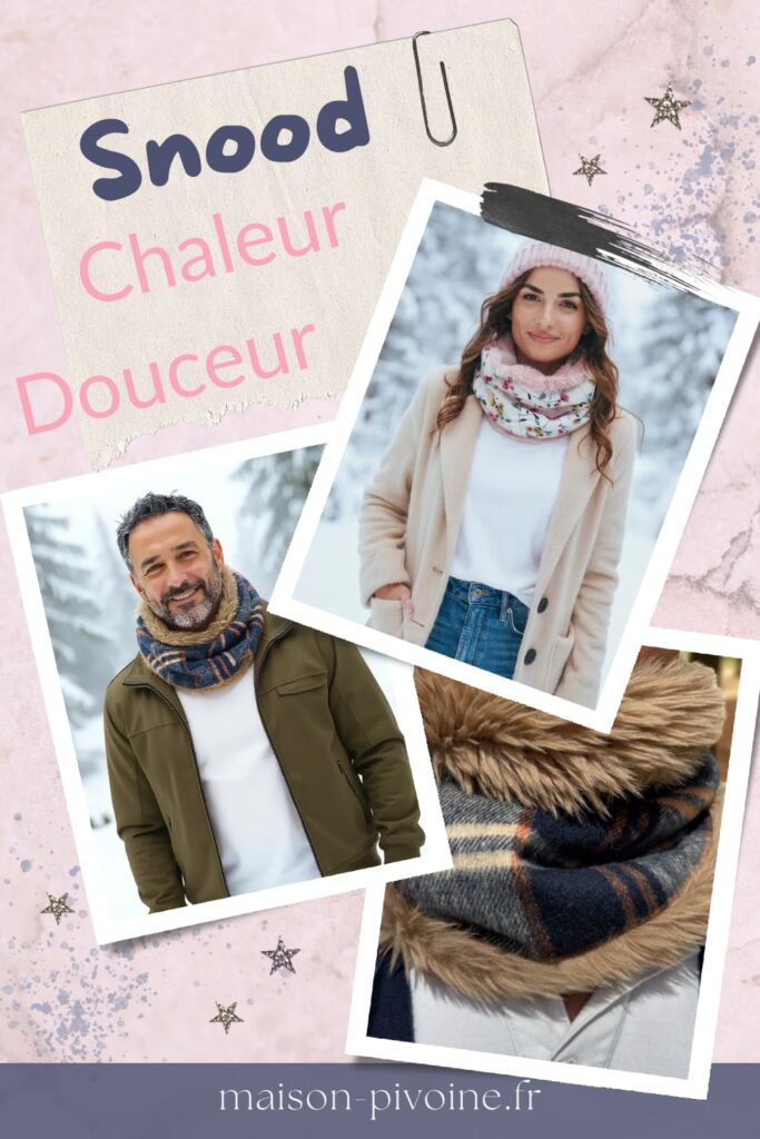 Snood fleuri artisanal avec fausse fourrure douce, confectionné à la main dans l’atelier Maison Pivoine.
