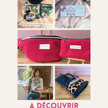 Sélection de 5 idées cadeau faites main Maison Pivoine pour la fête des mères : sac banane, trousse, chèche et pochette à livre.