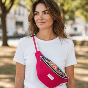 sac-banane-femme-fushia Jeune femme avec le grand sac banane fuchsia Maison Pivoine porté en bandoulière sur un t-shirt blanc, look urbain décontracté.