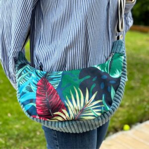 sac croissant femme demi lune 2 matières velours et coton imprimé - Fait main en France par Maison Pivoine