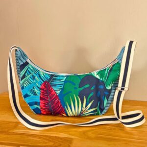 sac croissant femme velours bleu et coton imprimé floral - fait main en France par Maison Pivoine