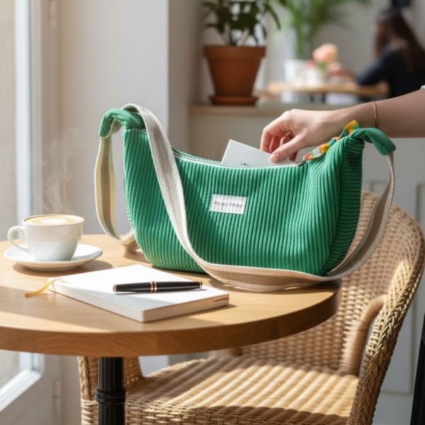 sac banane demi lune en velours cotelé vert - signé Maison Pivoine