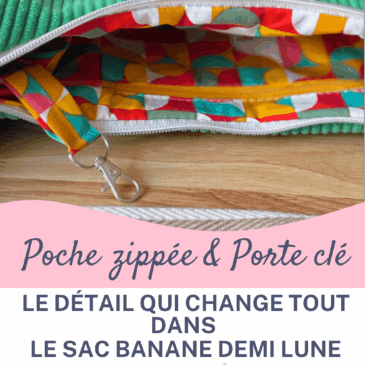 Gros plan sur l'intérieur ouvert du sac banane demi lune Cosmos en velours côtelé vert, montrant la poche zippée, le porte-clé cousu main et la doublure en coton imprimé multicolore. Détail artisanal Maison Pivoine, nouveauté 2026.