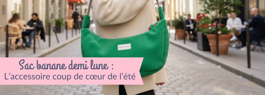 Femme portant un sac banane demi lune Cosmos en velours côtelé vert sur l'épaule, marchant dans une rue animée avec terrasses de café — accessoire tendance été, création artisanale Maison Pivoine.