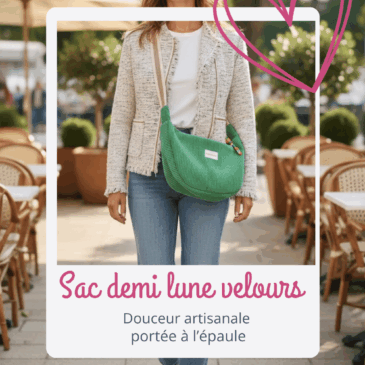 Femme souriante portant un sac banane demi lune Cosmos en velours vert en bandoulière, en terrasse de café en extérieur. Accessoire de mode artisanal féminin, création Maison Pivoine fait main en France.