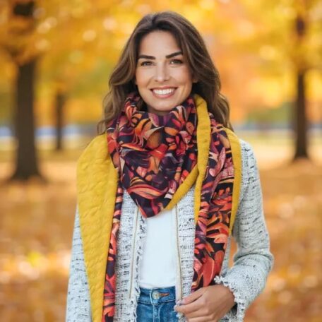 Femme souriante portant une écharpe chèche triangle artisanal aux tons jaune et rouge. Parfait pour l’automne et l’hiver, il apporte chaleur et style.