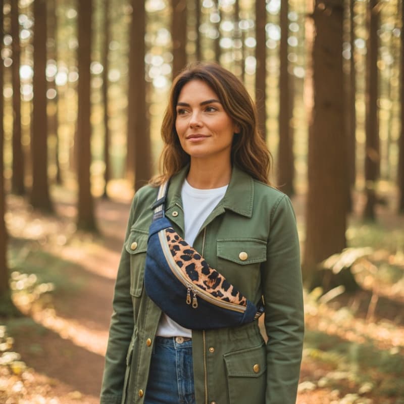 Femme portant la sacoche banane Lรฉona en jeanโs recyclรฉ et viscose lรฉopard, fabrication artisanale franรงaise.