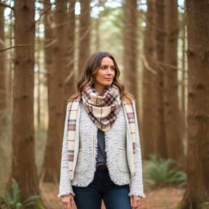 Jeune femme portant un grand chèche tartan crème et bordeaux, en forêt, ambiance automnale