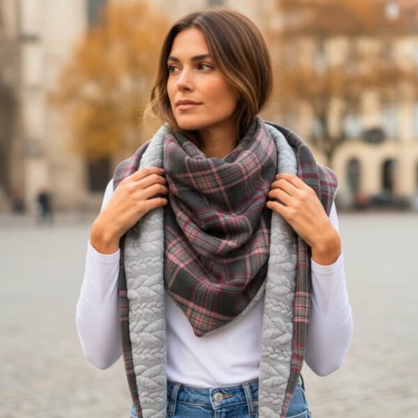 Jeune femme portant un grand chèche tartan noir et bordeaux, en forêt, ambiance automnale