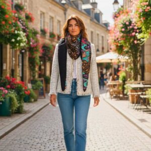 Chèche femme réversible noir et imprimé ethnique, porté en extérieur, création artisanale Maison Pivoine.