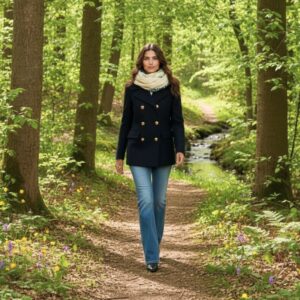 echarpe-tube-blanc-femme-reversible-paillette Femme marchant dans un sous-bois printanier, portant une écharpe tube réversible bleu et beige Maison Pivoine, confectionnée à la main en Bretagne