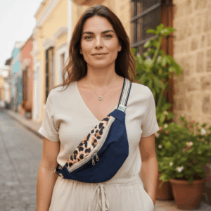 sac banane en jean's avec motif leopard porté par une jeune femme dans une rue latine - créer par maison pivoine