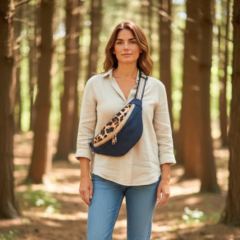 Femme portant une sacoche banane Maison Pivoine en jeanโs recyclรฉ et viscose lรฉopard, en forรชt, style dรฉcontractรฉ chic.