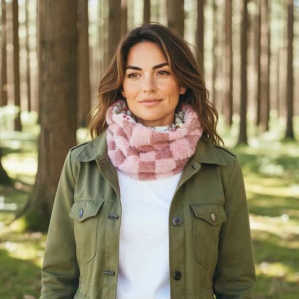 Femme portant un snood rose fleuri en fausse fourrure, accessoire cocooning fait main, photo lifestyle en extérieur