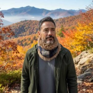 Homme portant un snood tartan bleu marine et camel avec fausse fourrure, en balade dans un paysage d’automne coloré, création artisanale Maison Pivoine.