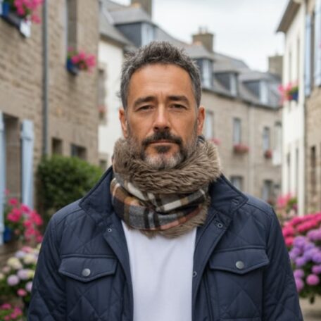 Tour de cou homme Maison Pivoine en laine tartan brun et fausse fourrure taupe, cousu main en Bretagne, style hivernal raffiné.