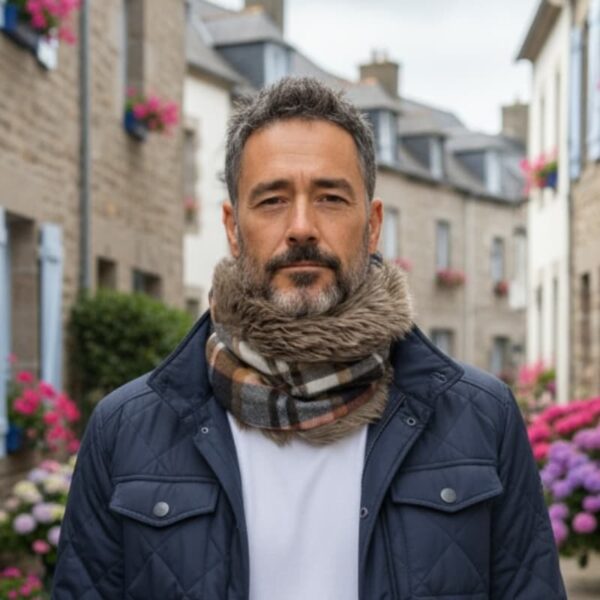 Tour de cou homme Maison Pivoine en laine tartan brun et fausse fourrure taupe, cousu main en Bretagne, style hivernal raffiné.