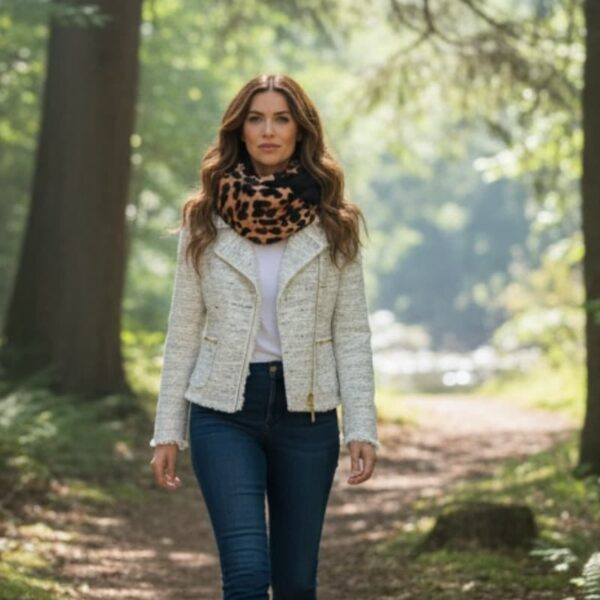 Femme marchant en forêt avec un snood léopard autour du cou, ambiance automnale.