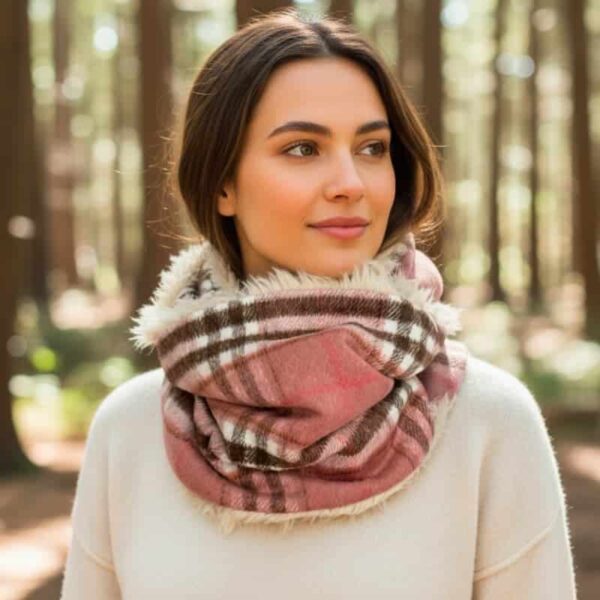 nood écossais rose porté en forêt, une touche féminine et chaleureuse pour l’hiver