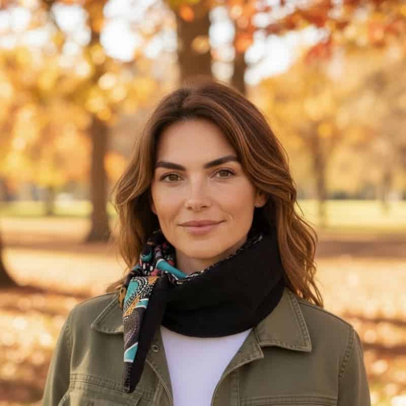 Femme portant le foulard Sophie Scarf en laine tressรฉe et viscose colorรฉe, dans un dรฉcor automnal.