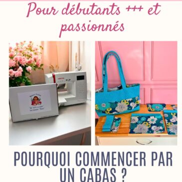 Collage montrant machine à coudre, kit couture Maison Pivoine et cabas fait main en velours côtelé bleu turquoise à motifs floraux