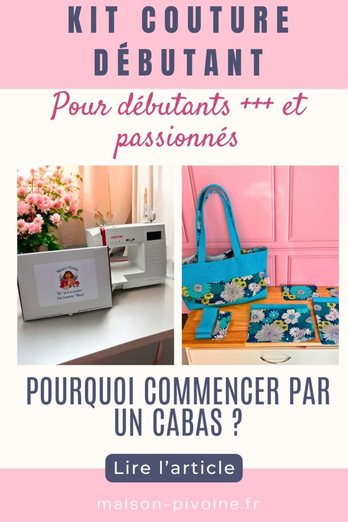 Collage montrant machine à coudre, kit couture Maison Pivoine et cabas fait main en velours côtelé bleu turquoise à motifs floraux