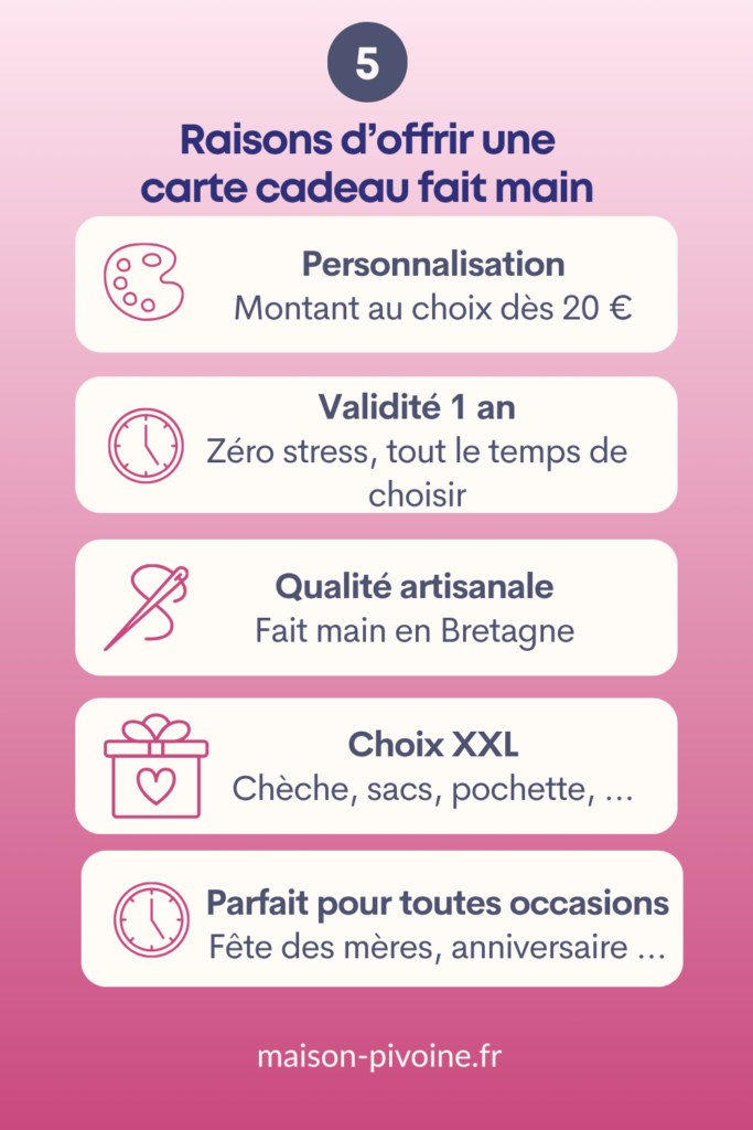 raison-carte-cadeau Infographie présentant 5 raisons d'offrir une carte cadeau artisanale Maison Pivoine : personnalisation dès 20 euros, validité 1 an, qualité artisanale fait main en Bretagne, large choix de créations et parfait pour toutes les occasions comme la Fête des Mères ou un anniversaire.